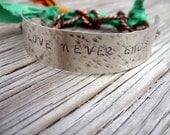 Sterling silver bracelet- with copper chain and sari silk hand stamped with love never ends ready to ship