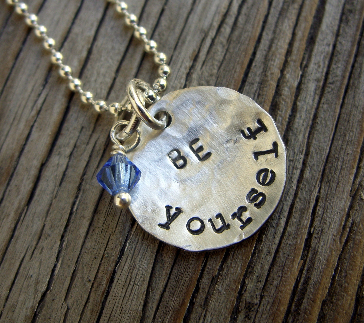 Hand stamped charm 5/8 inch sterling silver charm necklace be yourself ready to ship with sapphire swarovski crystal drop