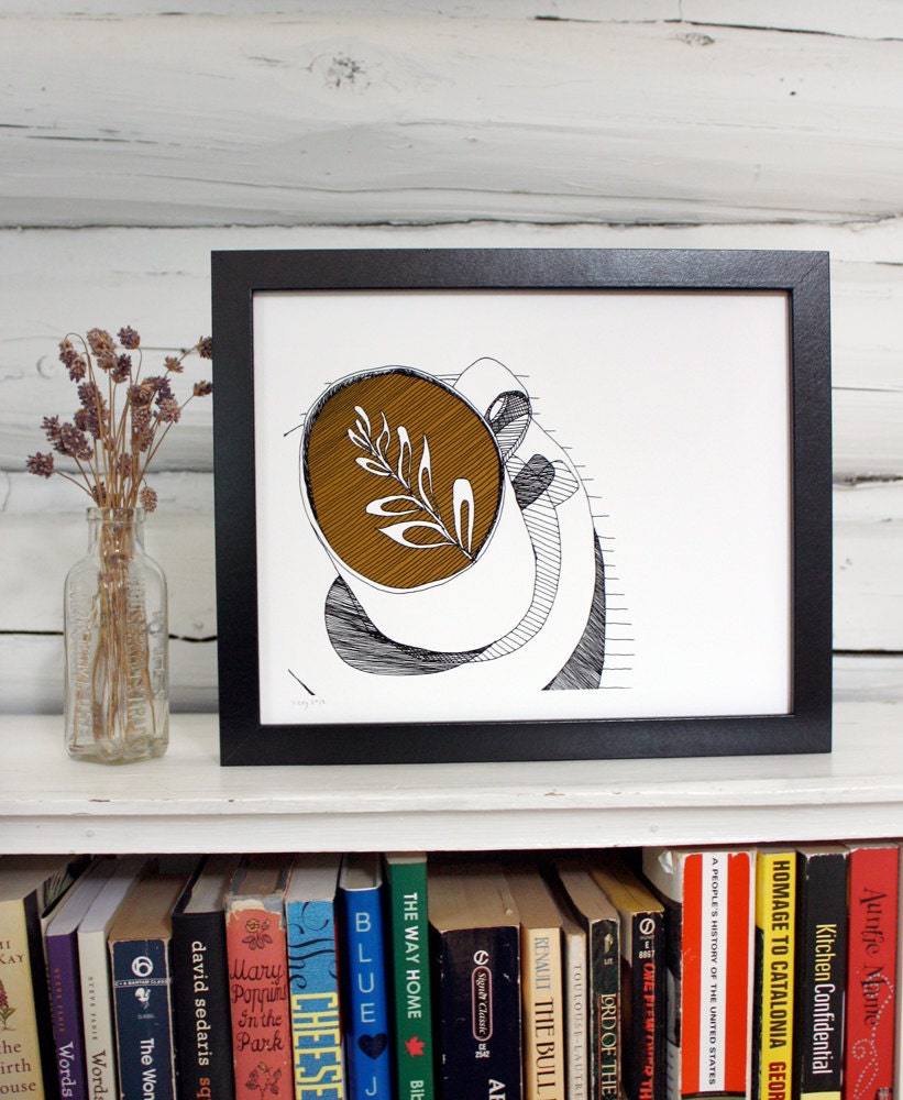 Coffee art print. Latte in pen and ink.