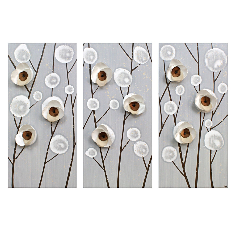 Contemporary Art - Gray Orchid Painting on Triptych Canvas - Medium 32X20 Neutral Minimalist Fine Art - IN STOCK
