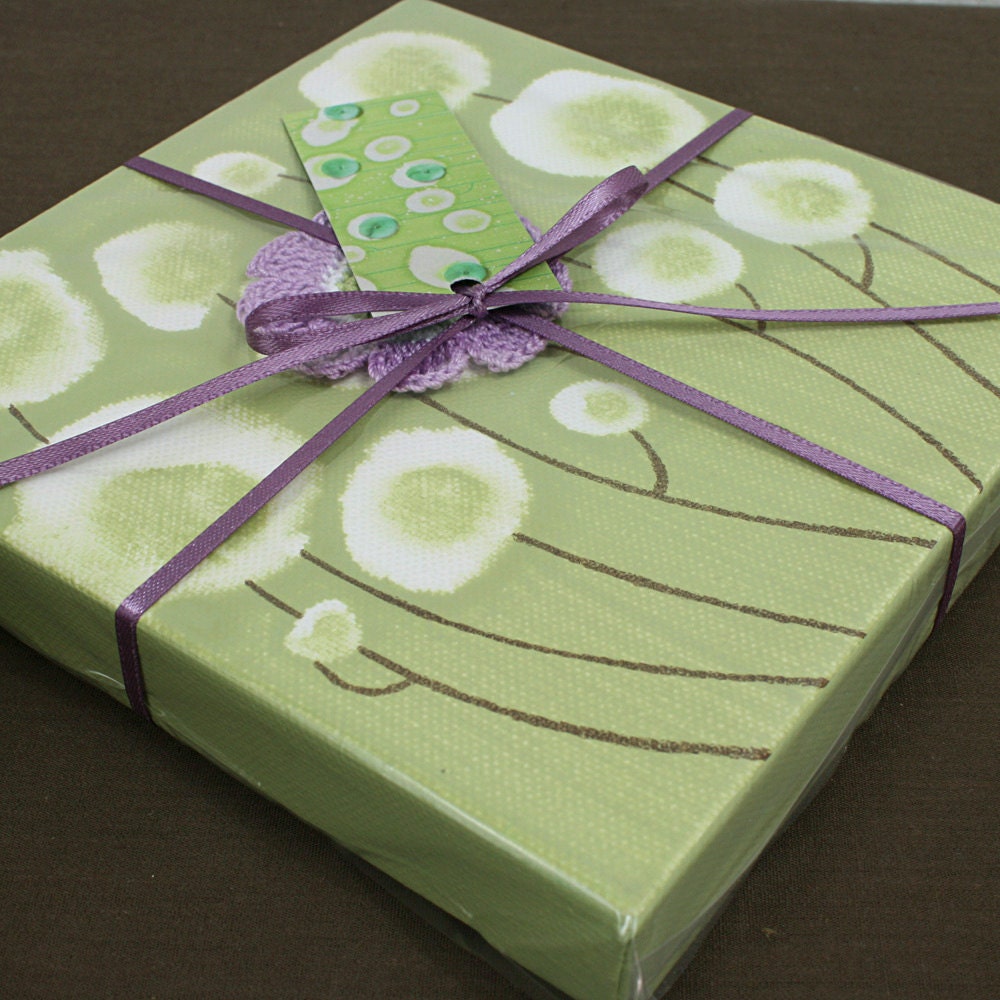 On Sale - Gift for Little Girl - Mini Artwork - Flower Painting on Canvas for Girls Room Decor in Green and Purple - IN STOCK
