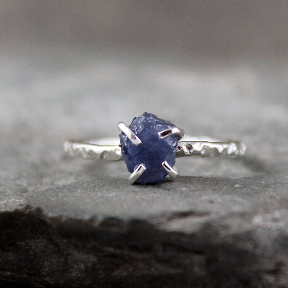 Uncut Raw Rough Blue Sapphire Ring - Sterling Silver Solitaire - Blue Raw Gemstone Ring - September Birthstone Ring