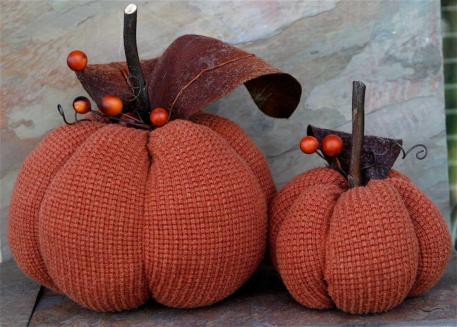 Two Rusty Orange Pumpkins Gourds Ecofriendly Halloween Thanksgiving Home Decor (woolcrazy)