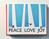 Winter SALE Letterpress Holiday Cards Peace Love Joy Cardinals Set of 12 Christmas Cards