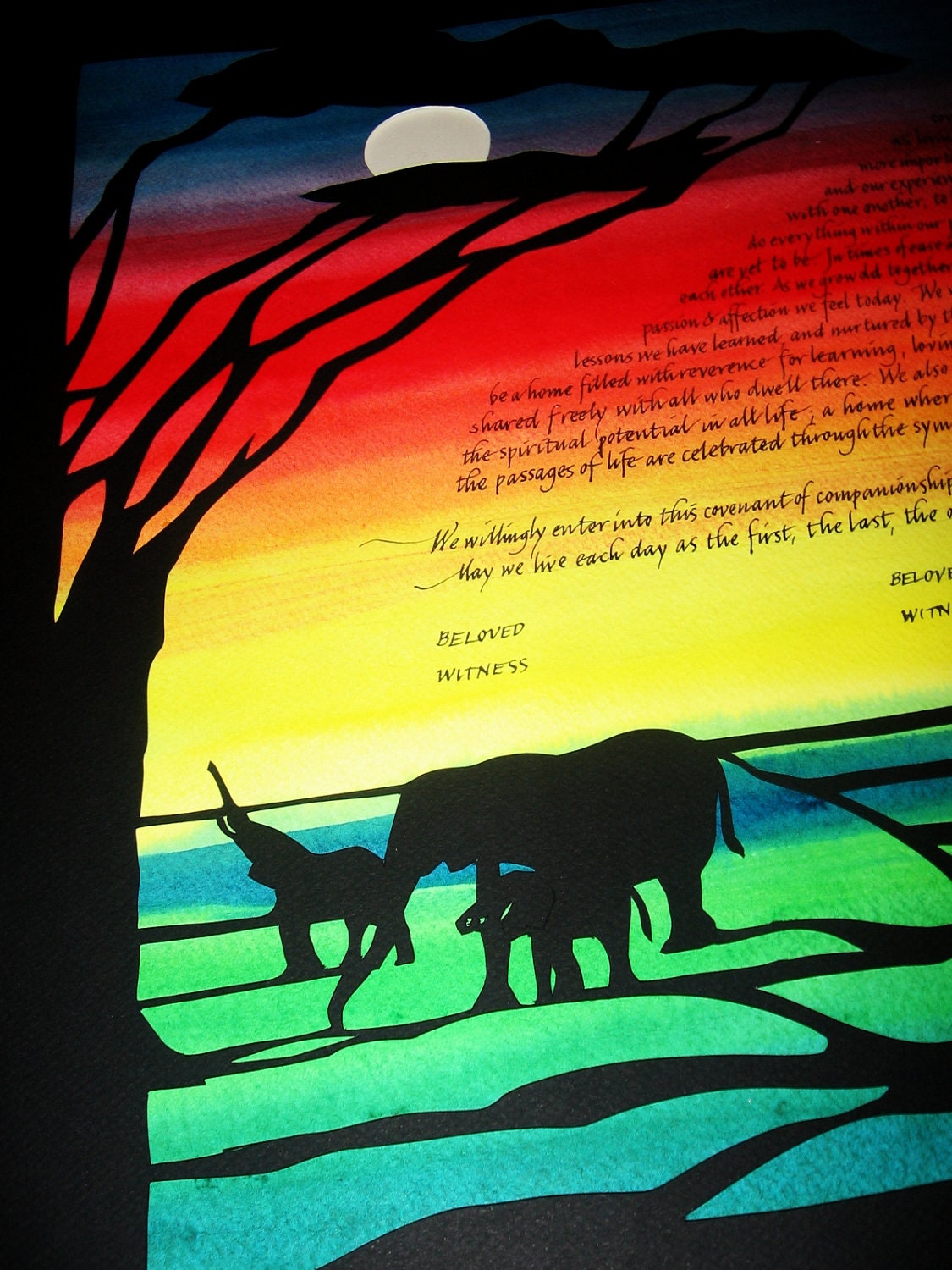 Elephants in the Serengeti Ketubah - papercut artwork - wedding - calligraphy