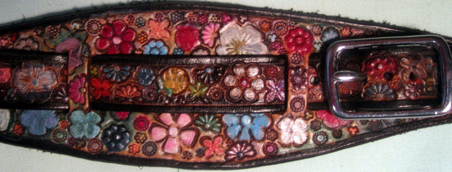 IPod Nano Made in GA USA Leather Watch Band or Wrist Band Cuff with Flower Garden Design and Black  Border Custom Sized