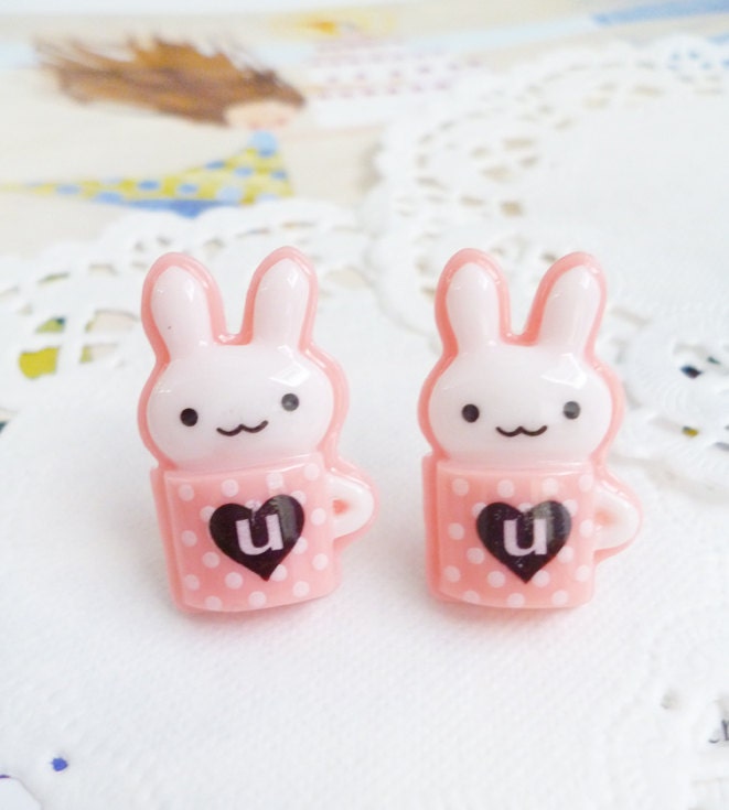 Clay Earrings - Kawaii Bunnies in Pink Polka Dots Mugs