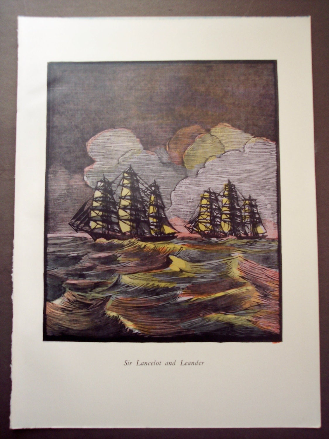 Clipper Ship print, 1936 vintage nautical bookplate with spec page- Sir Lancelot and Leander