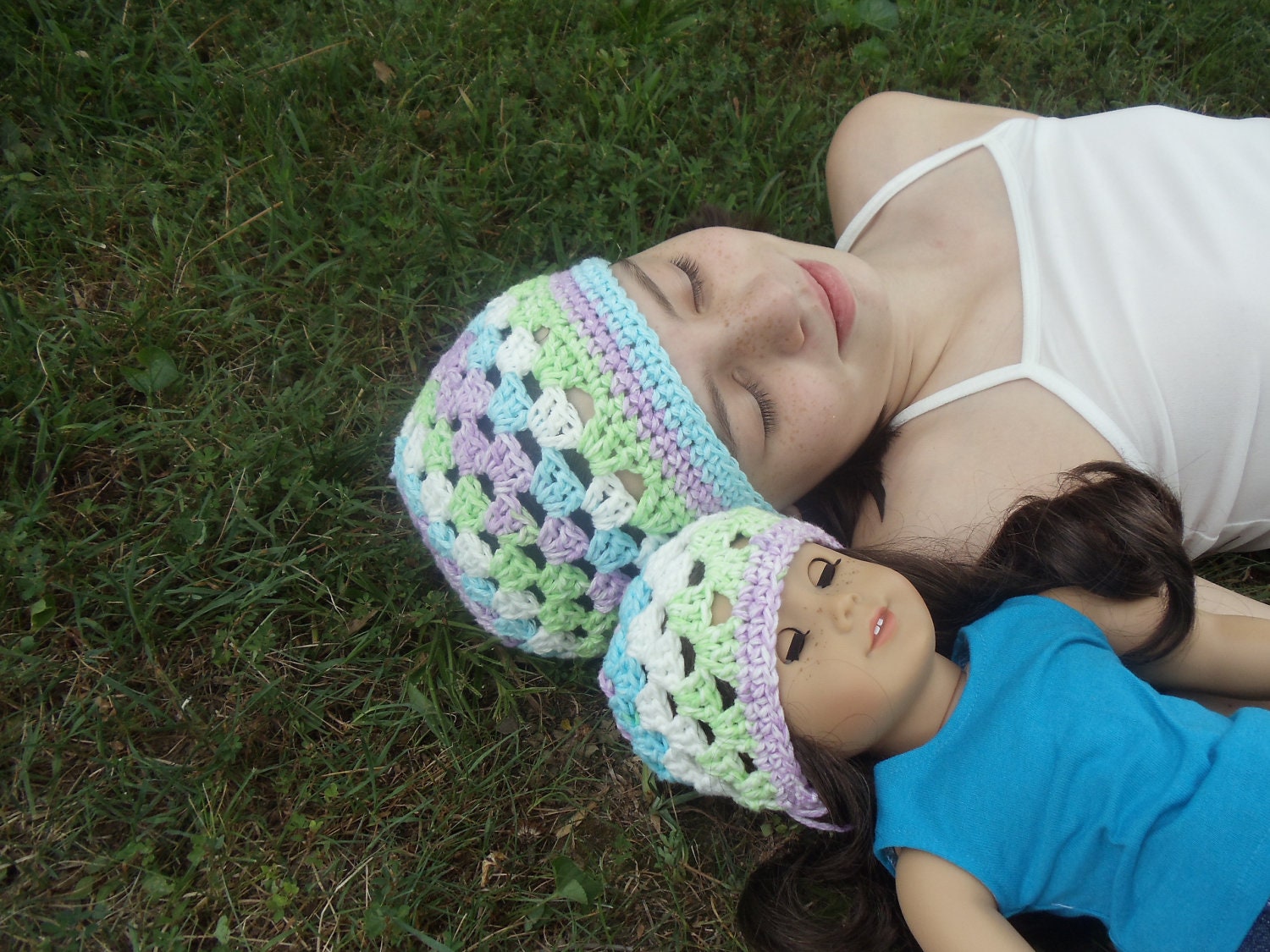 Girl and Doll Matching Crocheted Beanie, size 9 to 11  - Blue, Purple, Green, White - READY TO SHIP