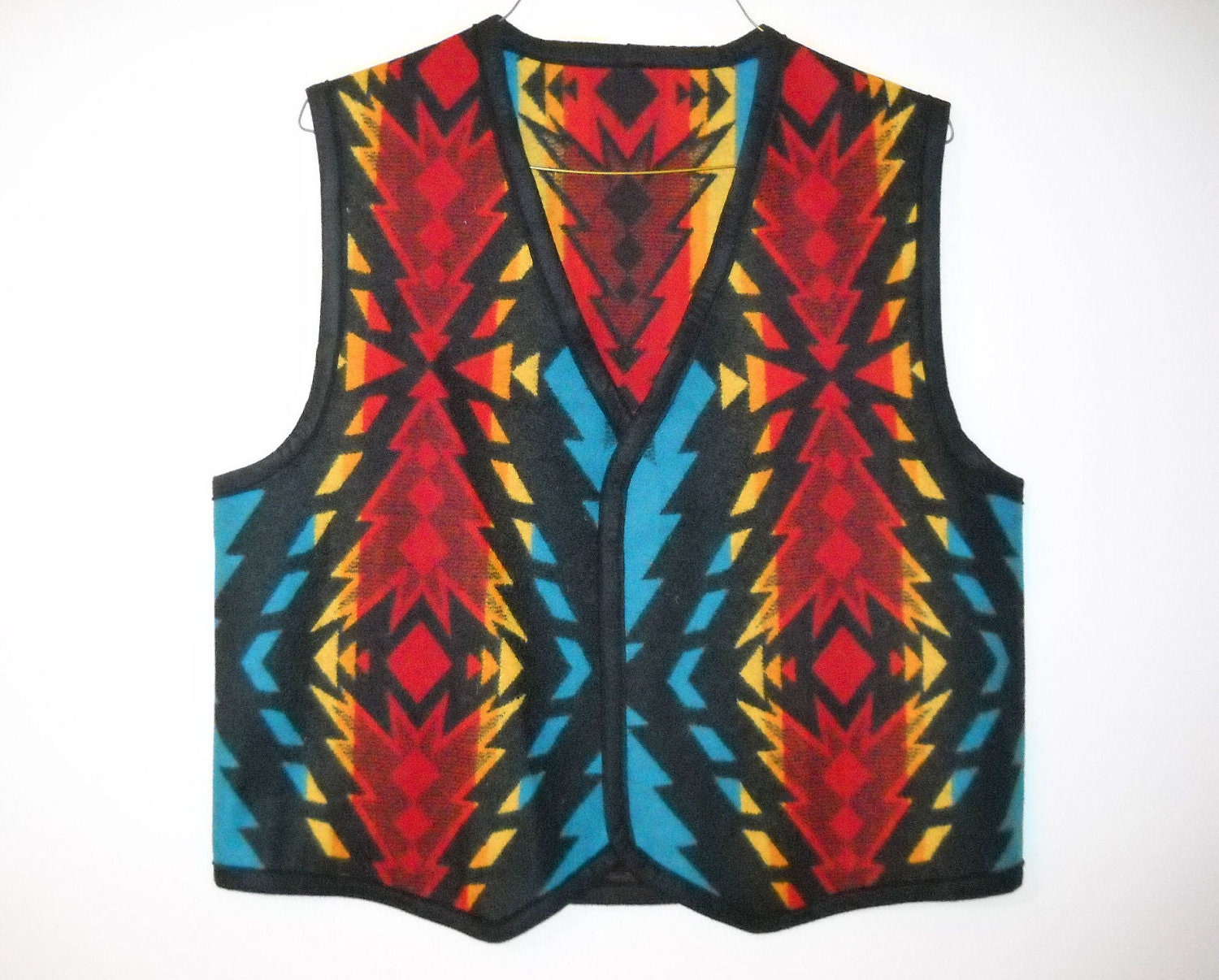 Reversible Blanket Vest Wool Medium Turquoise and Red Southwestern Tribal