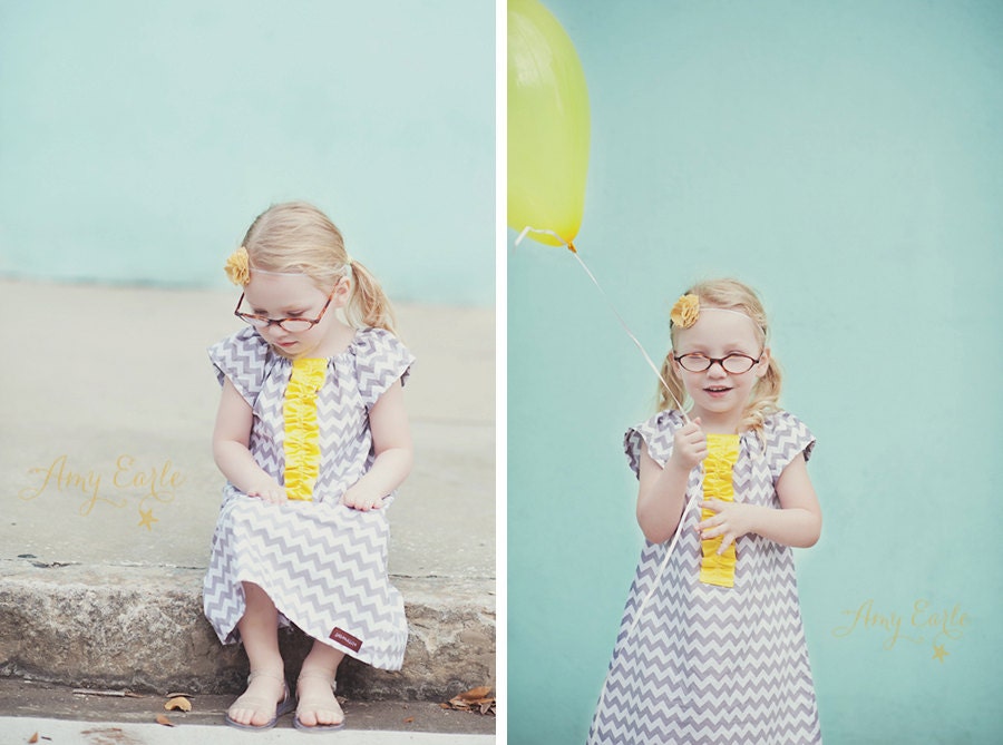 Childrens Clothing .....The Gray Chevron Peasant Dress...featuring yellow ruffle..childrens clothing by laken and lila