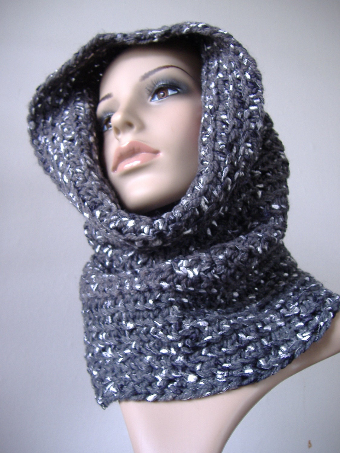 Extra Wide Cowl Snood Scarf in Dark Gray Merino Wool with White to Black Colored Novelty Ribbon Yarn - Handmade - Ready to Ship
