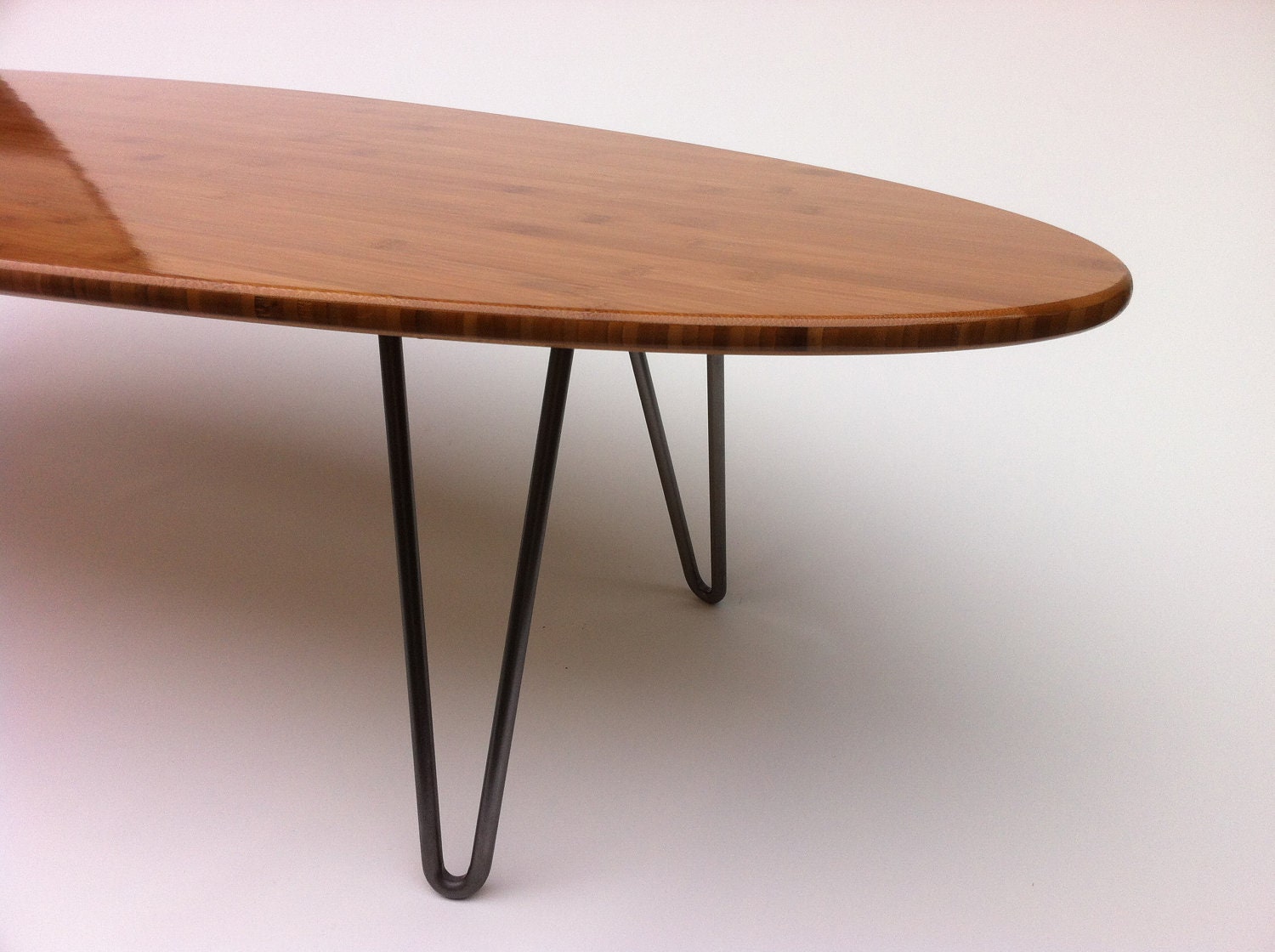 66" Elliptical Mid Century Modern Coffee Table Hairpin Legs - Eames Proportion Atomic Era Design In Caramelized FSC Bamboo