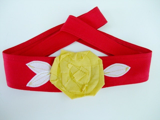Red with light yellow gold rosette headband, head wrap, Chi Omega Sorority, San Francisco 49ers, College Team Colors
