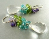 Crystal Earrings,Crystal, Peridot, Apatite and Amethyst Cluster Wire Wrapped Sterling Earrings