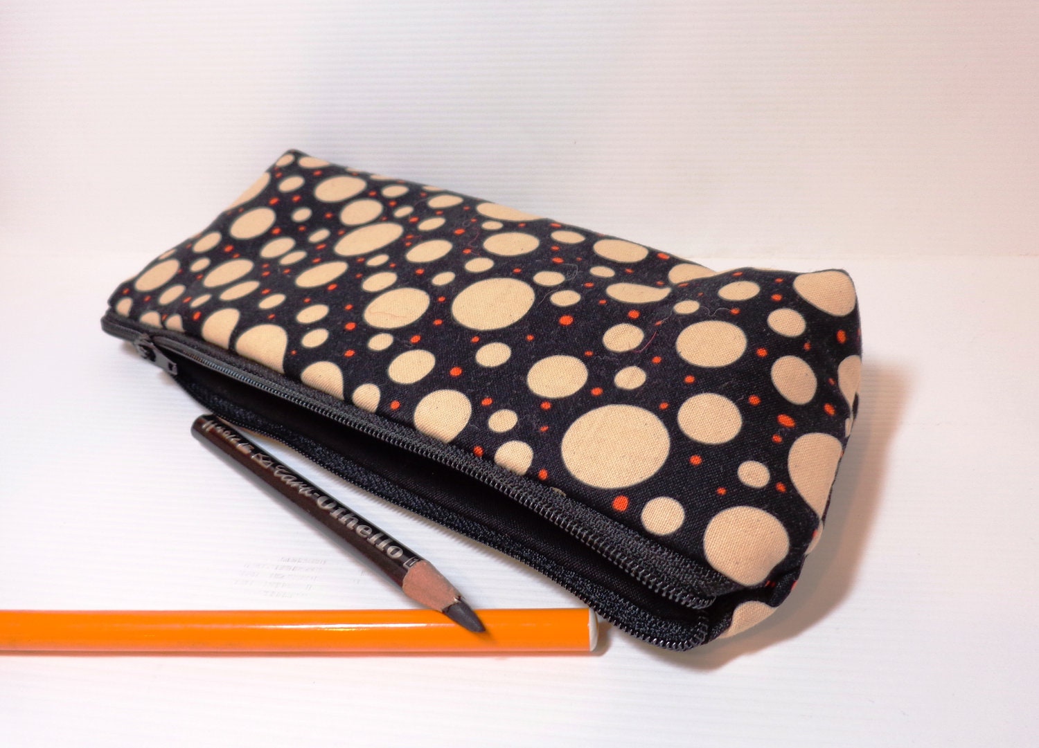 Medium Pencil Case Cotton Zipper Pouch Cosmetic Pouch  Orange and Cream  Dots on Black - handjstarcreations