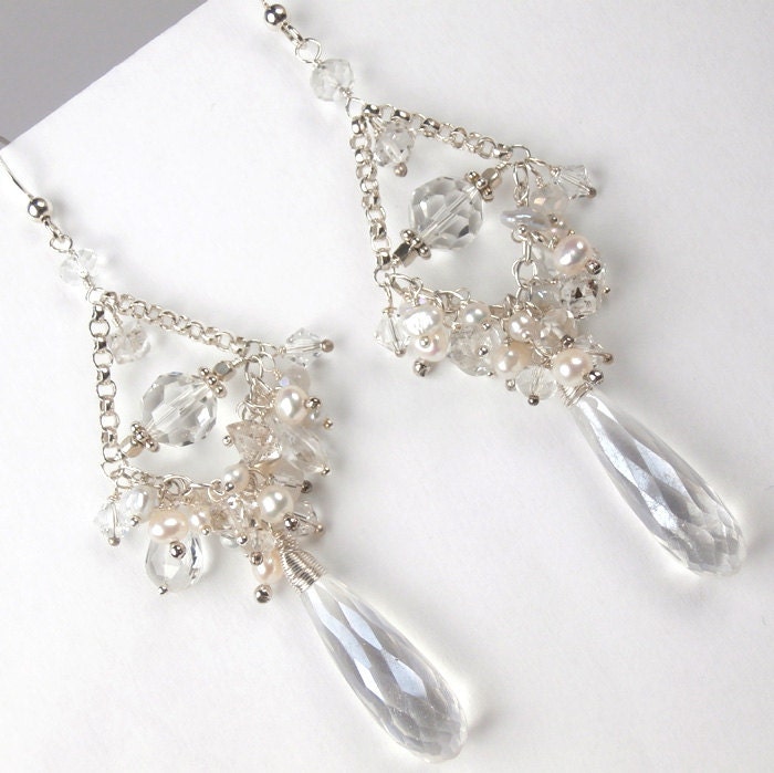 Bridal Jewelry Wedding Earrings Bridal Chandelier Earrings Wire Wrapped Pearl Crystal Luxury Fashion Post Earrings