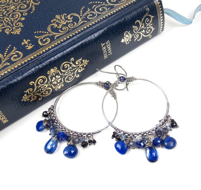 Black Blue Oxidized Silver Hoop Chandelier Earrings Wire Wrapped Coiled Silver Gemstone Bohemian Luxury Fashion - Brenda