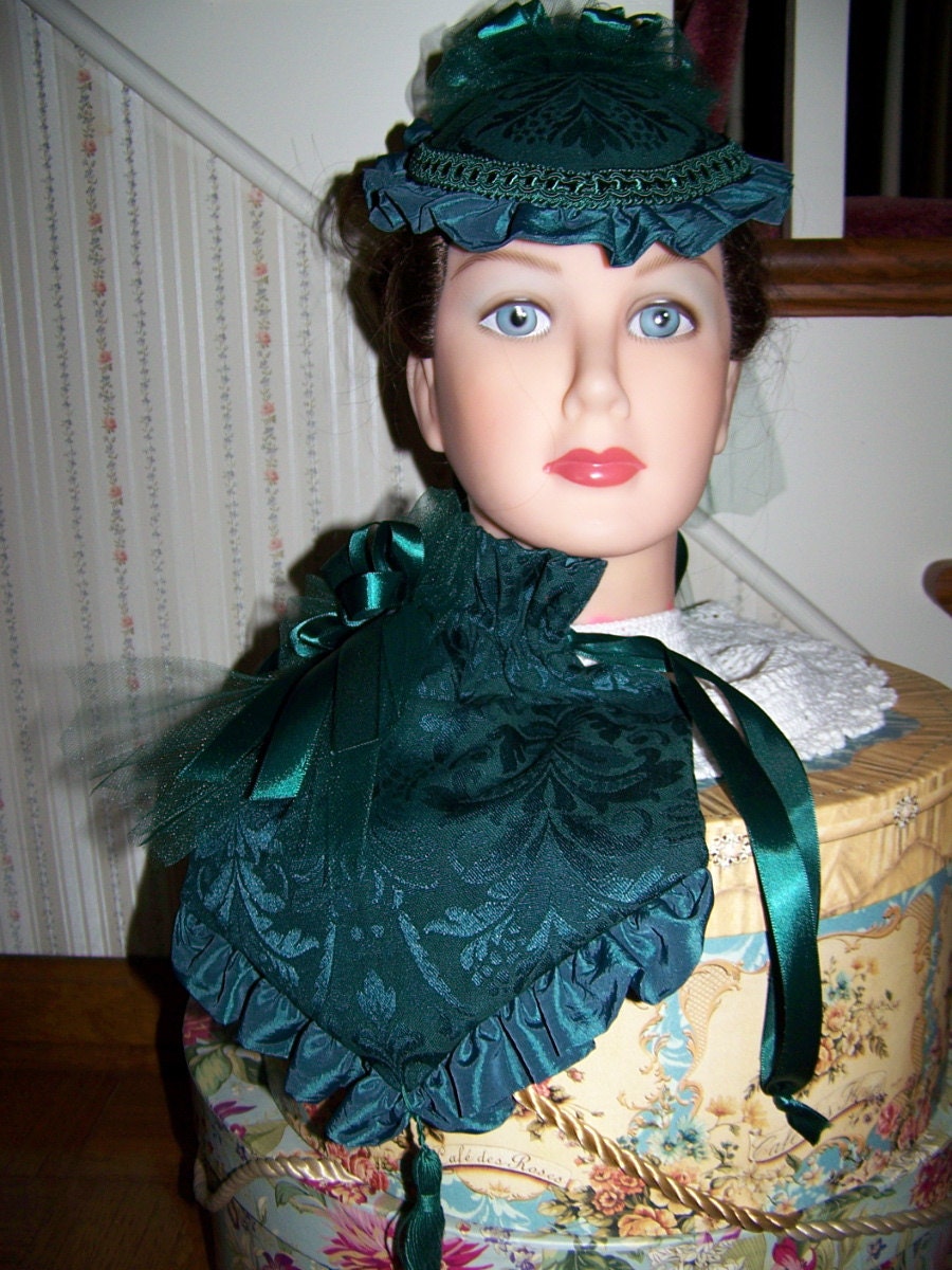 Civil War Hatand Reticule,Victorian Ladies,Green teardrop Brocade with Green Satin ruffle costume