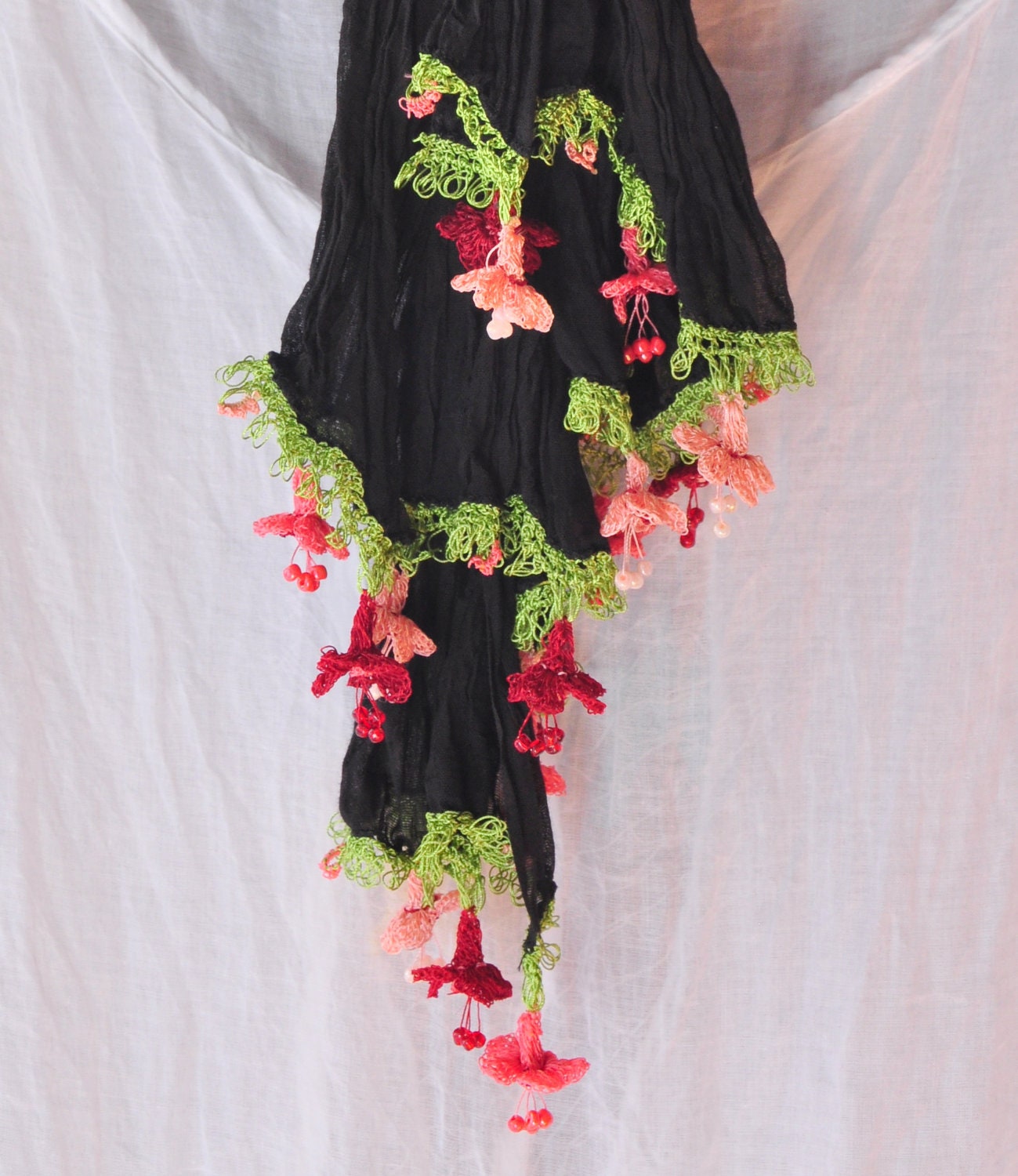 Black Scarf with Pink, Bordeaux, Salmon Crochet Flowers