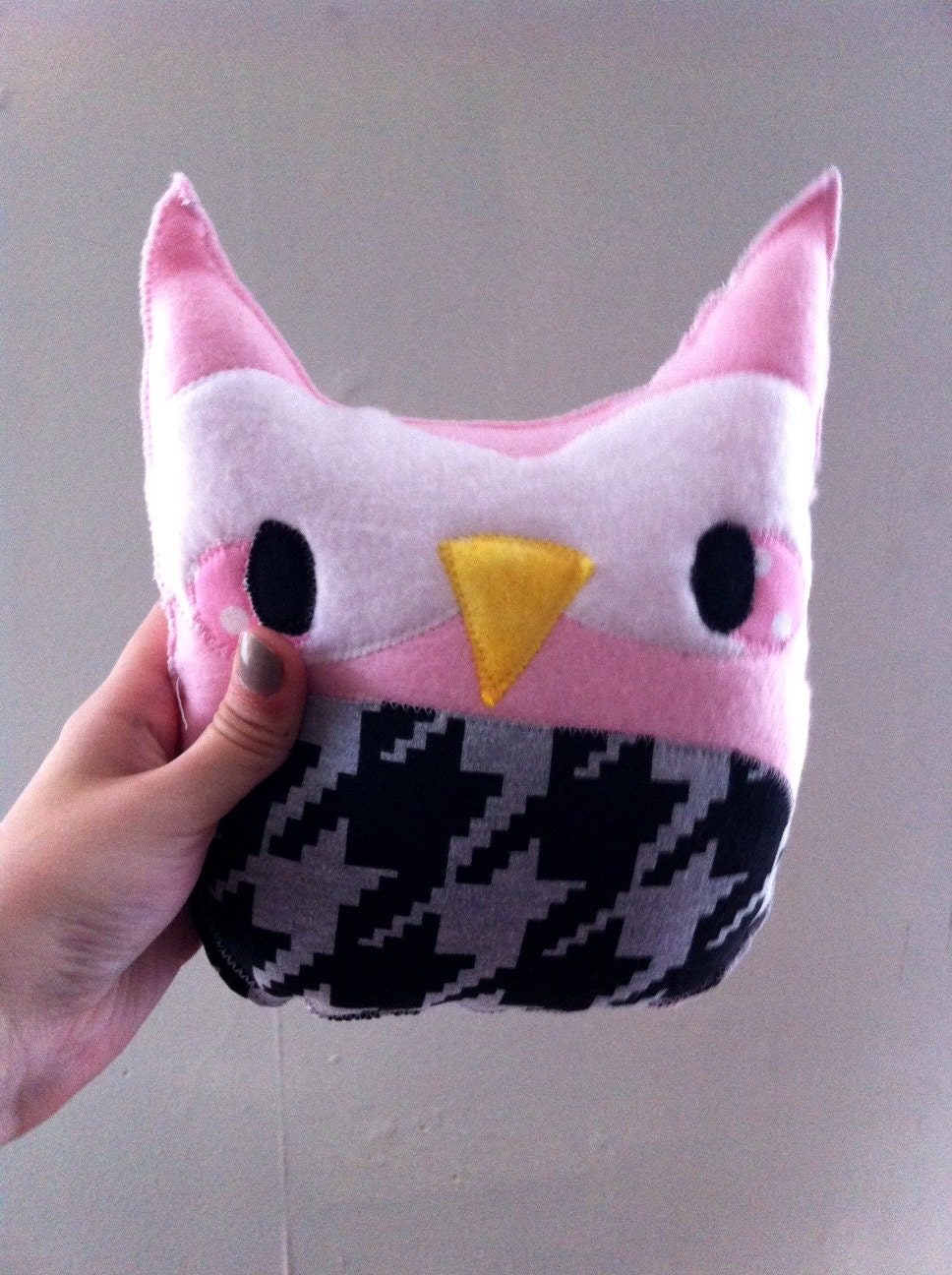 SALE The Owl Plushie- In Pink Fleece and Black Grey Houndstooth Belly