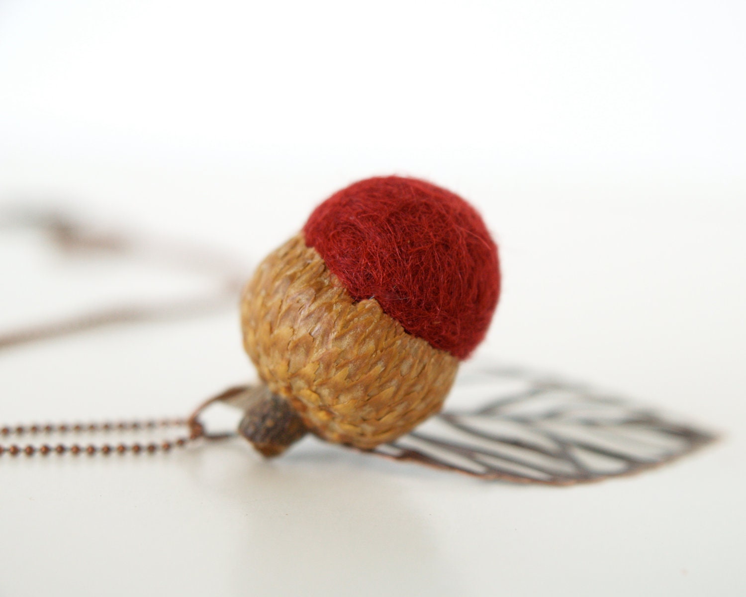 Rustic Maroon Acorn Necklace, needle felted wool jewelry eco friendly stocking stuffer Nature Inspired stocking stuffer
