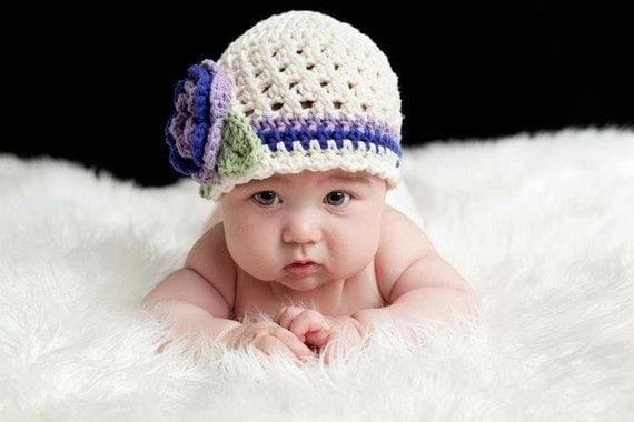 Simply Girly Cream and Lavender Crochet Beanie-custom made for newborn up to 5T-MADE TO ORDER
