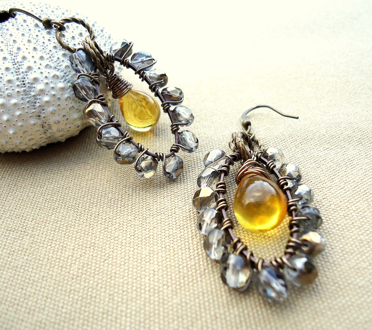 Drop Earrings, Beadwork, Amber, Gray, Handmade, Dangle, Holiday, Unusual Wire Wrap Earrings, Cocktail, Statement,, Bohemian