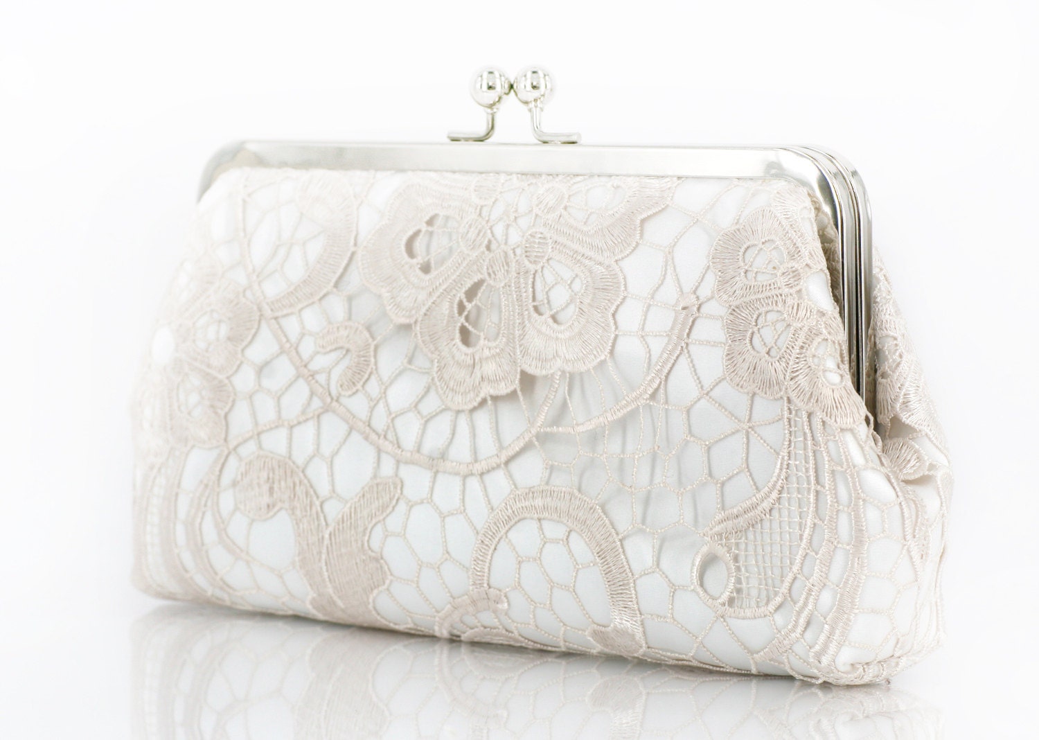 Bridal Champagne Lace Ivory Satin Clutch Silver Frame L'HERITAGE 8-inch