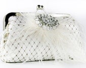 Ivory Bridal Clutch with Rhinestone and Ostrich Feathers 8-inch PASSION