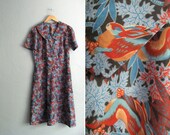 vintage handmade novelty print FOREST SPIRIT HARES short sleeve shirt dress. size l.