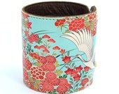 Leather cuff / wallet wristband - Oriental Flowers and Flying Cranes