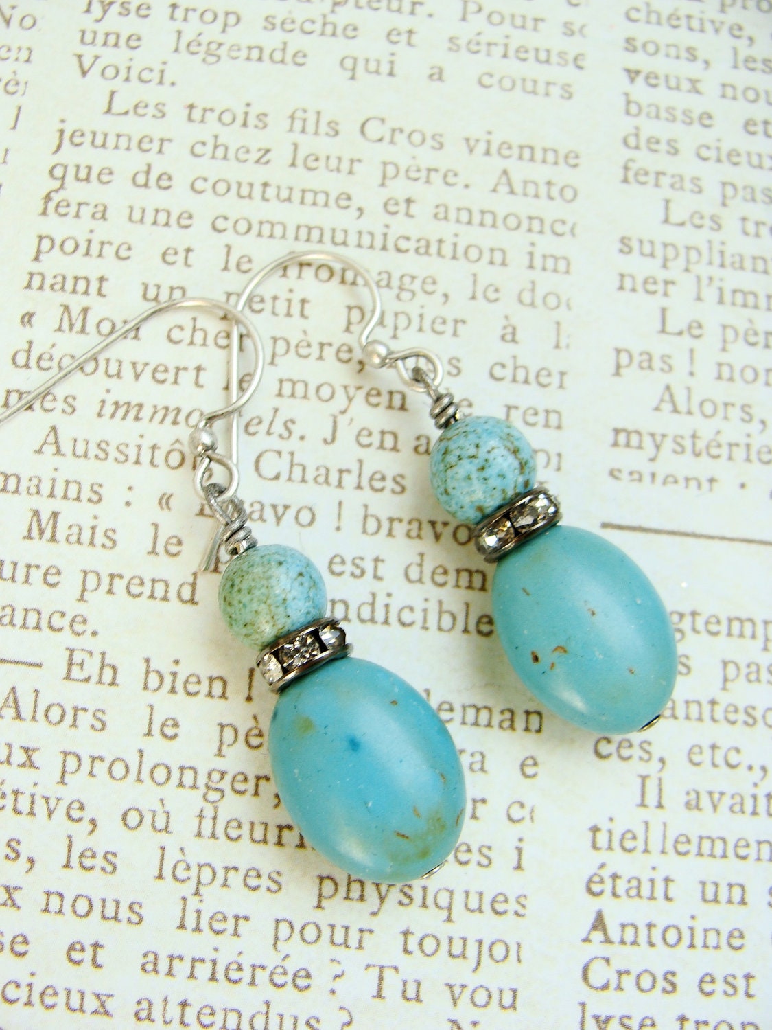 Spotted turquoise and rhinestone earrings.  Beaded dangle earrings with antique silver plated hooks.  Jewelry by Sweet & Simple.