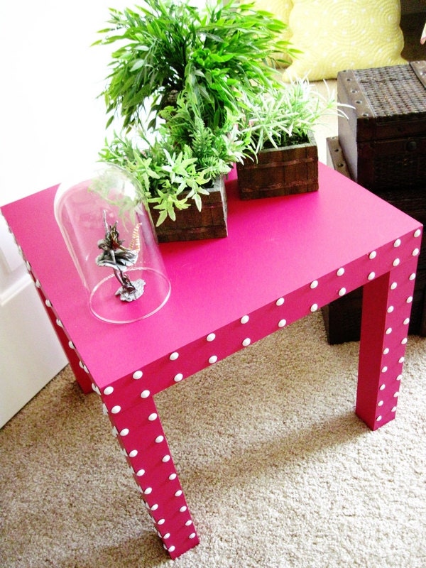 Hot Pink Parsons Table with White Nail Head Trim. From TheBonBonShoppe