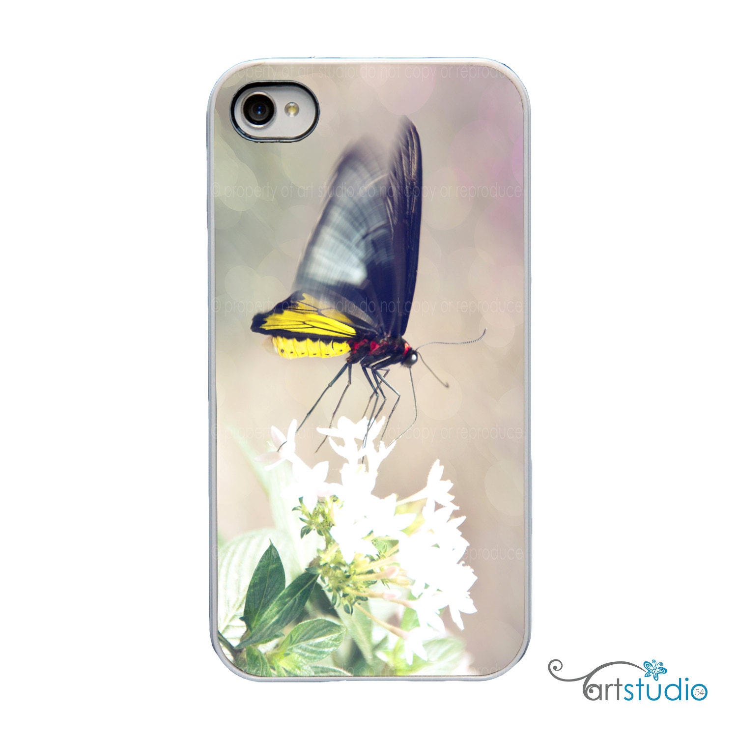 Yellow Butterfly on White Flower with White, Black or Clear Sides iPhone Case - IPhone 4, 4s, 5 Hard Cover - Art Trendy  - artstudio54