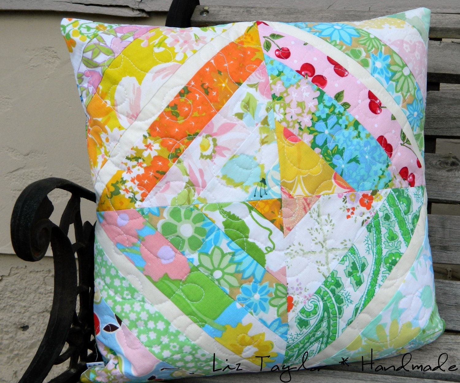 Handmade quilted pillow cover - vintage sheets