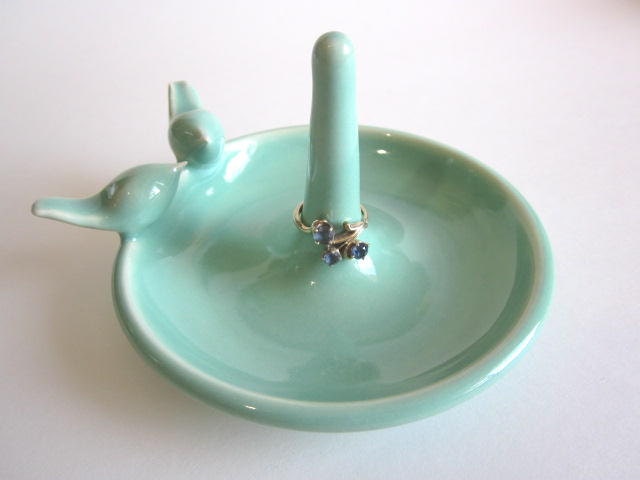 Second SALE...Ring holder - Ring Dish Jewelry organizer - mint green - Lovebirds, Ceramic Pottery (c)
