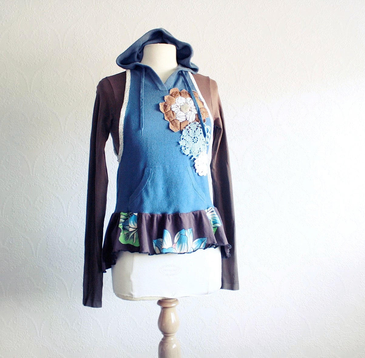 Blue Hooded Vest Upcycled Hoodie Bohemian by BrokenGhostClothing
