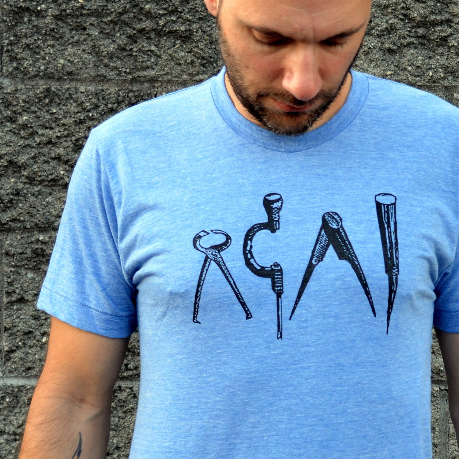 Clothing - Tshirt - Men's Tshirt / Vintage Carpentry Woodworking Tools Tshirt - American Apparel Blue Track Shirt