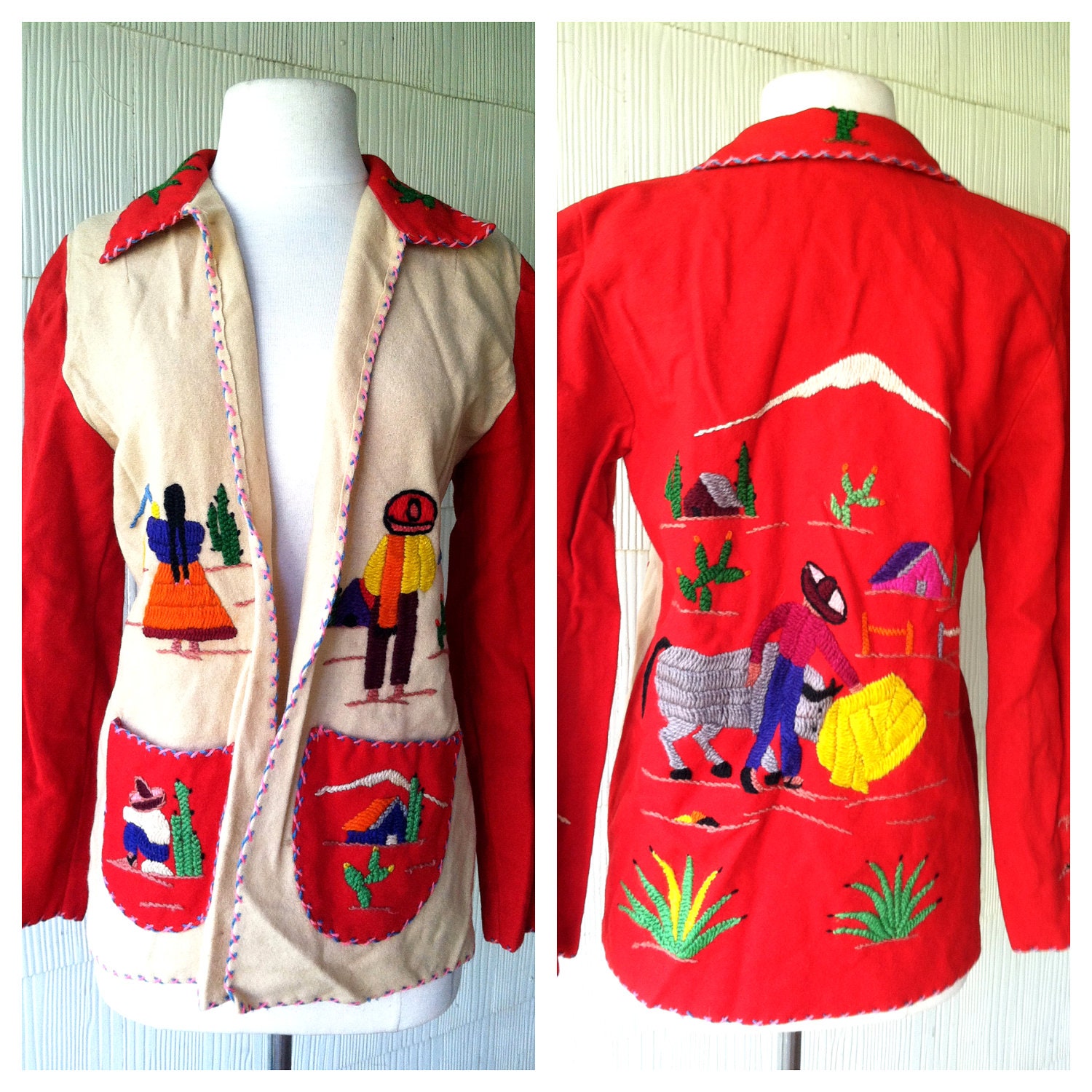VINTAGE 50s Mexican hand embroidered wool jacket