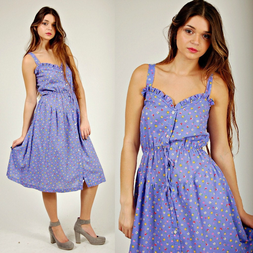 Vintage 70s Sun Dress Lavender FLORAL Prairie Midi Small