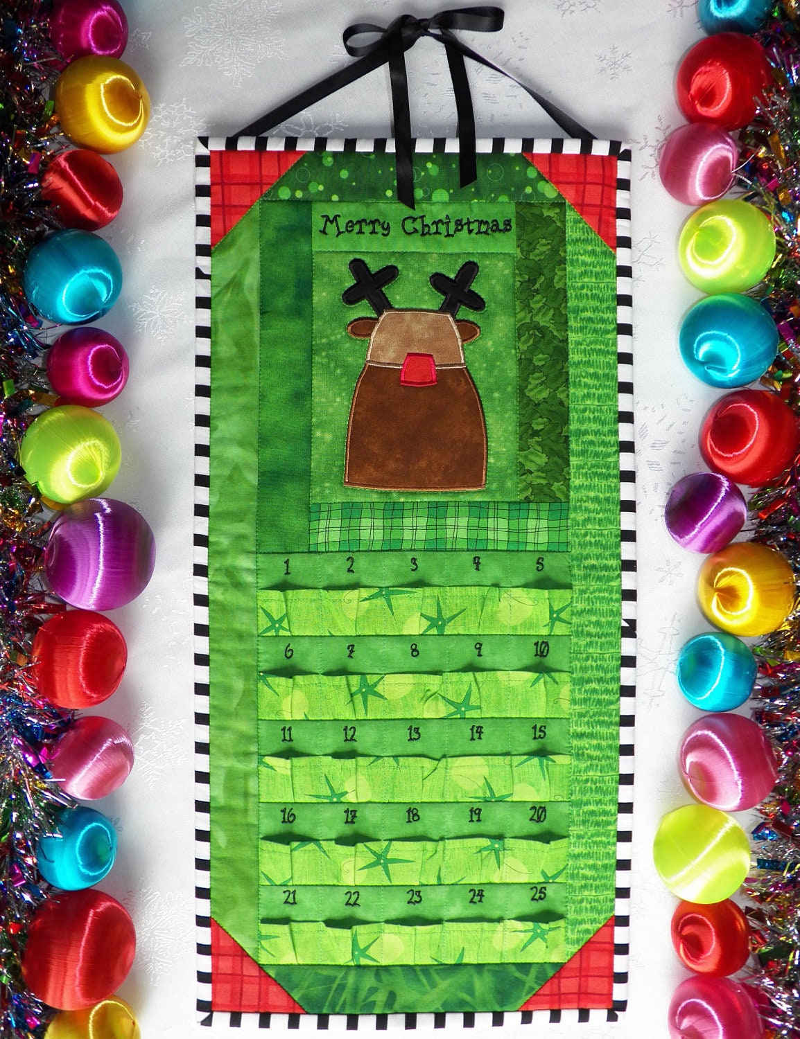 Advent Calendar - Quilted Rudolph the Red-Nosed Reindeer in Bright Green and Holiday Red - Countdown to Christmas