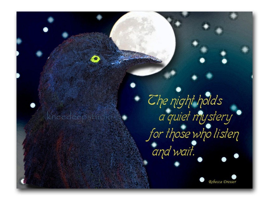 Midnight Raven Art 8x10 photograph digital collage indigo blue full moon starry sky text words mystery modern wall decor