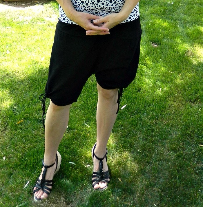 Harem Shorts-Maternity Clothing/Post Maternity-in Black Gauze Cotton with Adjustable Sizing S-XL