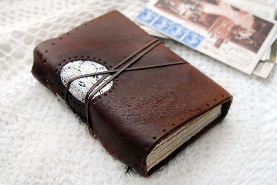 The Novelist - Rustic Brown Leather Journal with Tea Stained Watercolour Paper & Vintage Lace Window