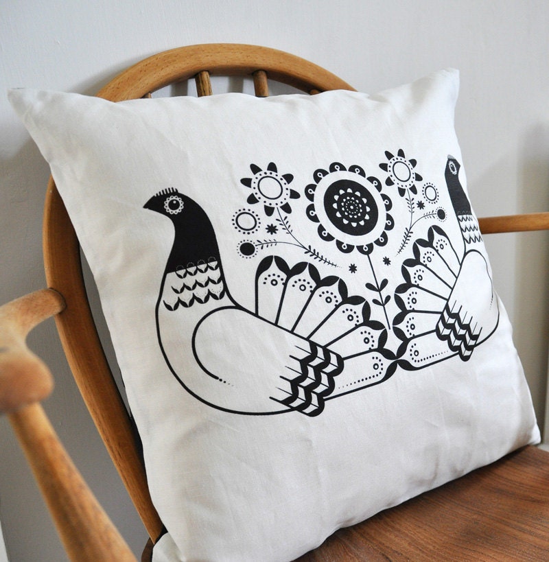 Bantam cushion cover - Hand Printed on White Linen Cotton Blend Fabric