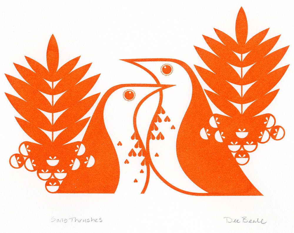 Song Thrushes in Clementine Orange - Hand Pulled, Signed, Gocco Print