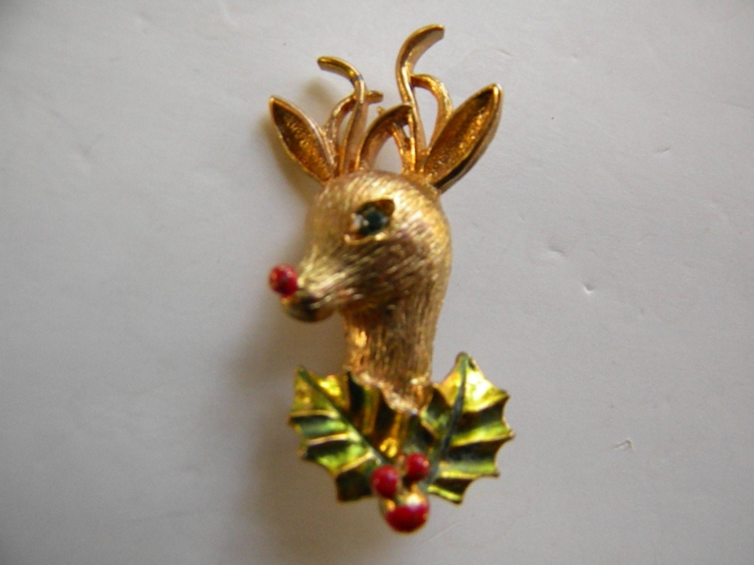 Gerrys Rudolph Reindeer Christmas figural Brooch Enamel Green and Red Pin Vintage