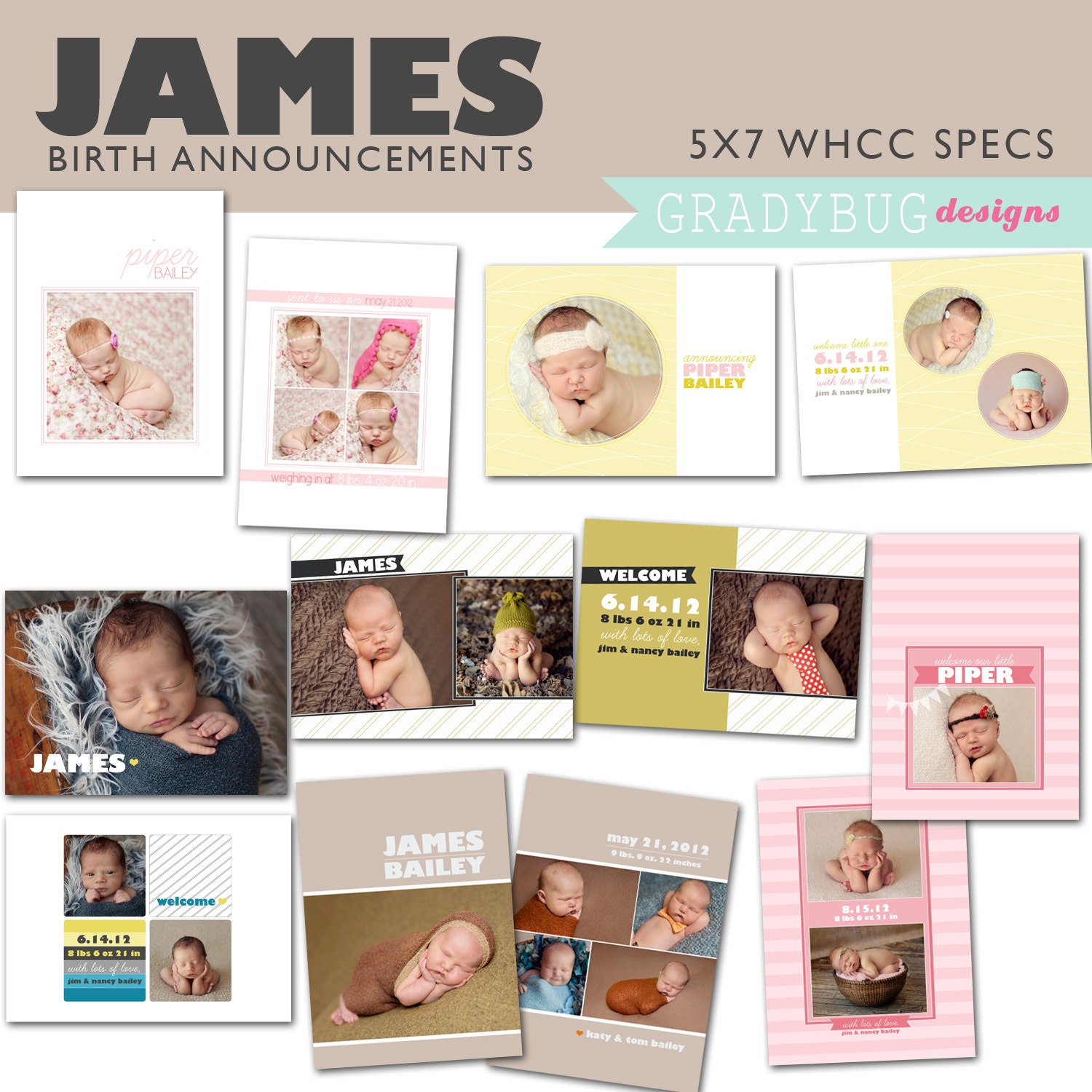 James Birth Announcement Collection -BOY & GIRL TEMPLATES- 5x7- Templates for Photographers