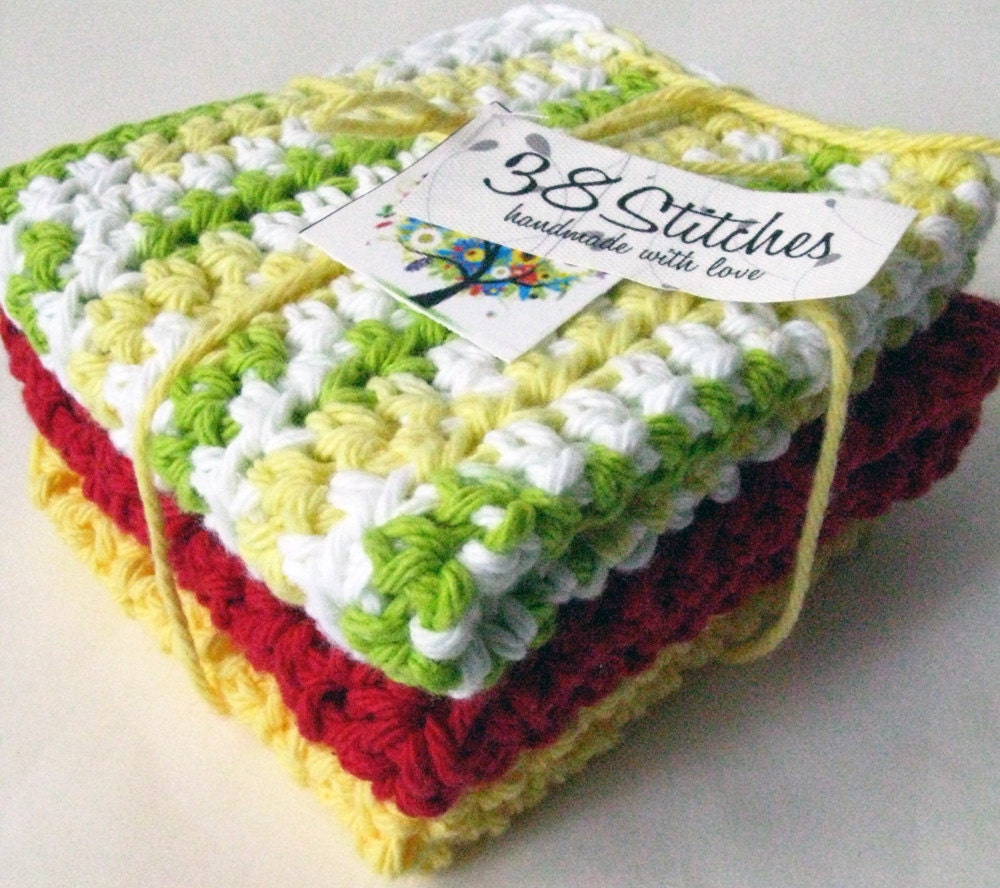 Crochet Wash Cloths - Set of Three - Apples